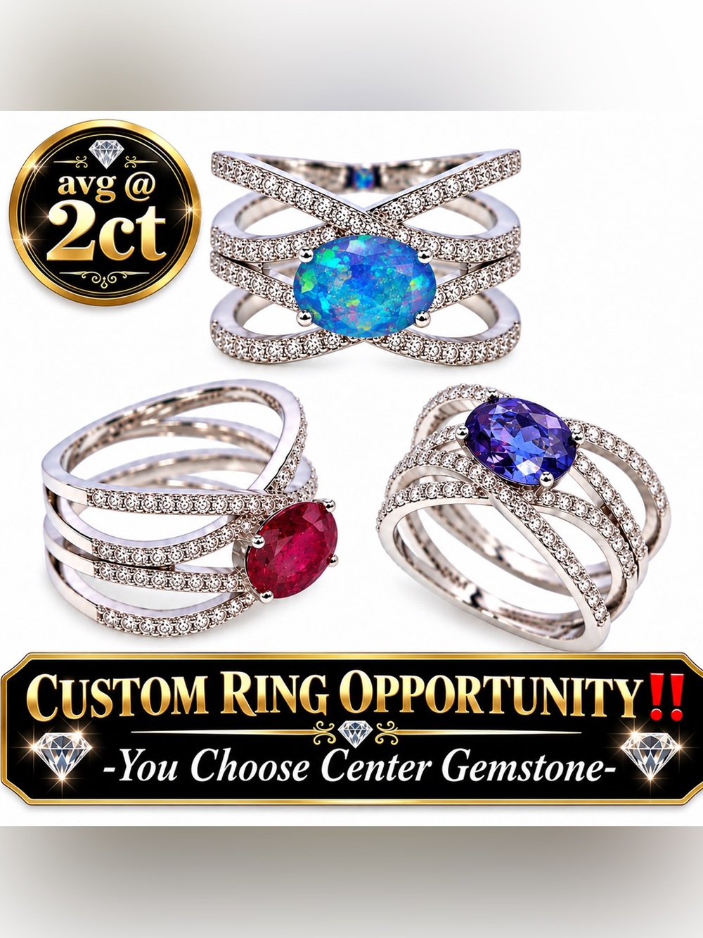 Pave Infinity Crossover Ring. 14k Gold on Silver Sapphire Ruby Custom Options